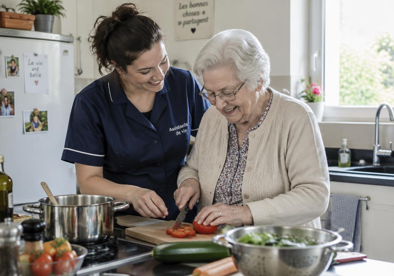 Assistante de vie aidant une dame âgée à cuisiner