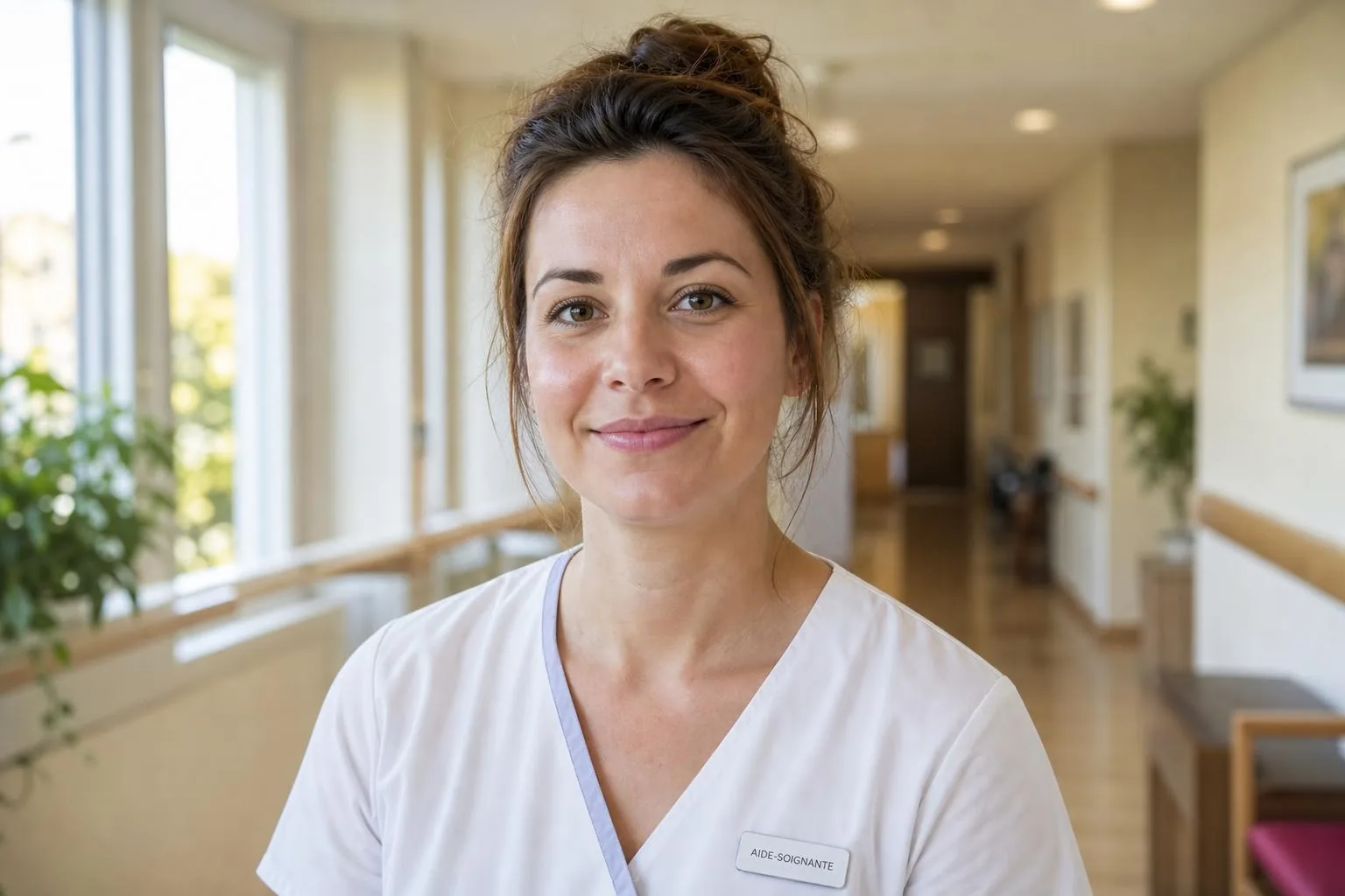 Aide-soignante accompagnant une personne âgée en EHPAD