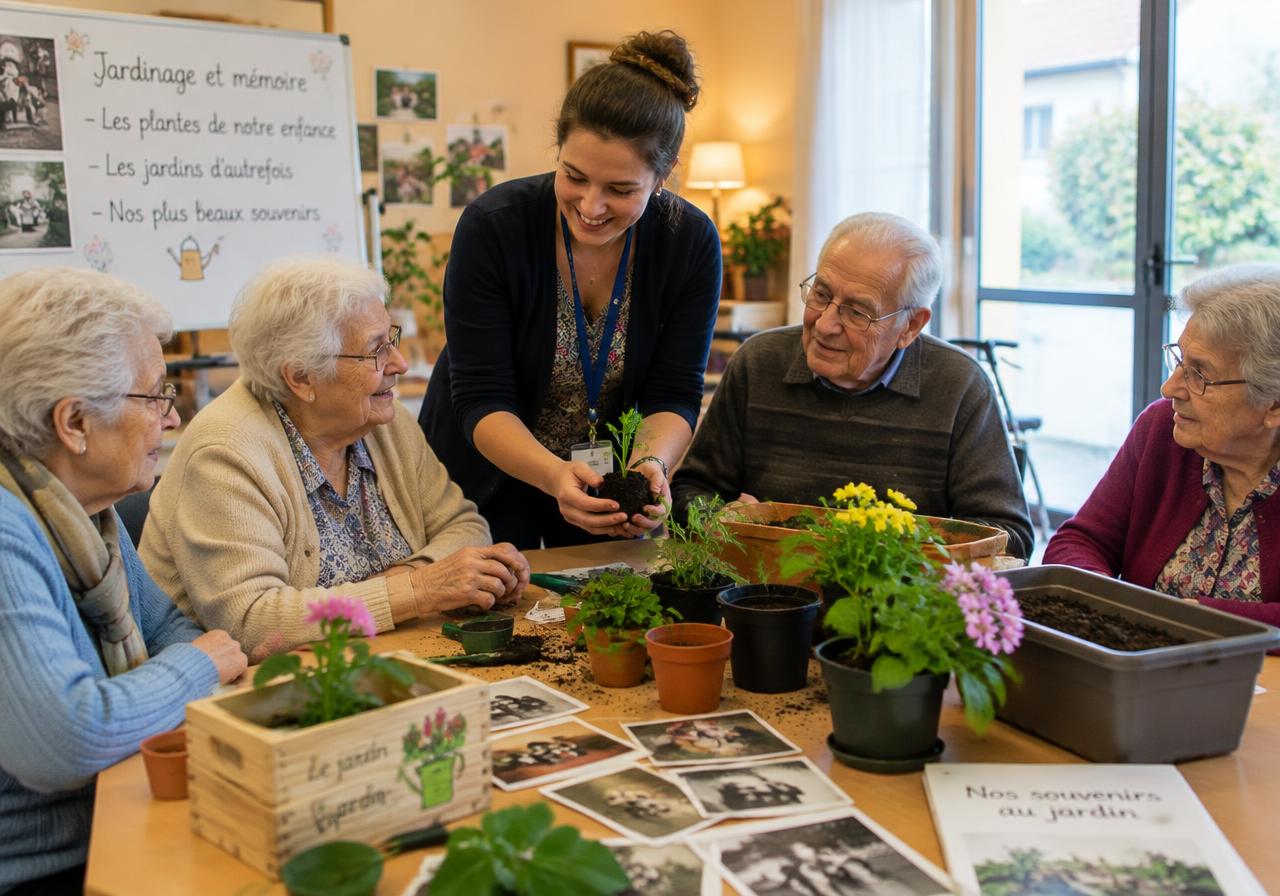Animatrice menant un atelier jardinage avec des résidents âgés