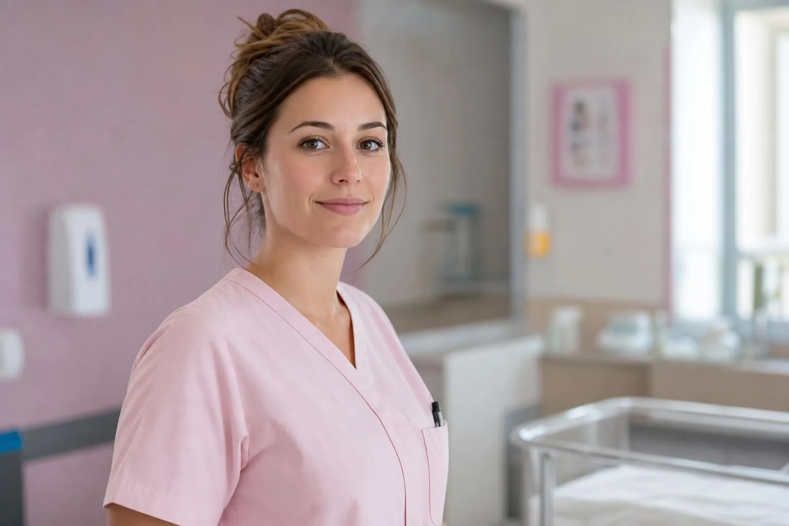 Auxiliaire de puériculture tenant un nourrisson en maternité