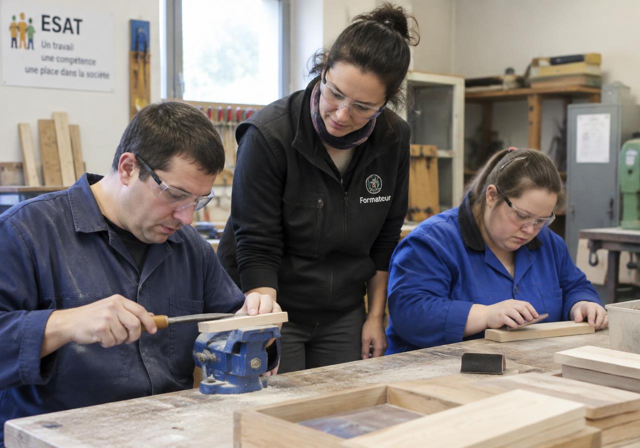 Éducatrice technique encadrant un atelier bois en ESAT