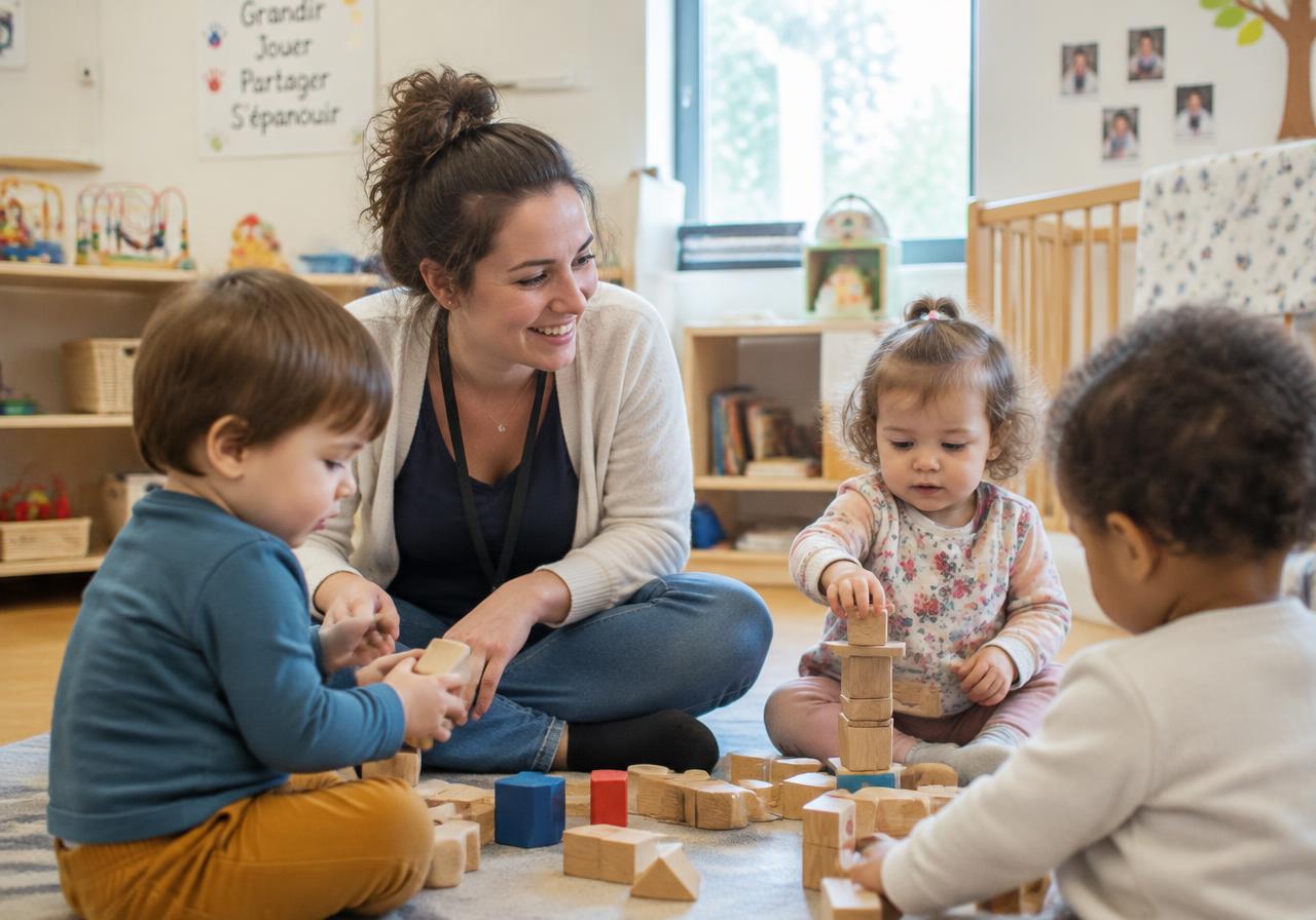 Intervenante petite enfance jouant avec des tout-petits en crèche