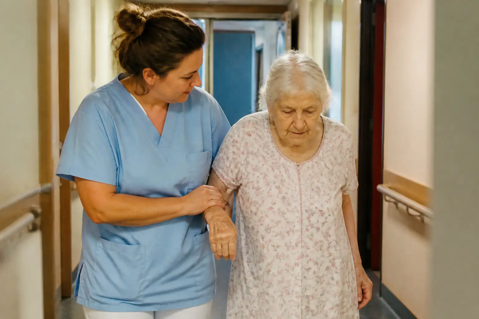 Aide-soignante accompagnant une personne âgée dans un couloir d'établissement de soin