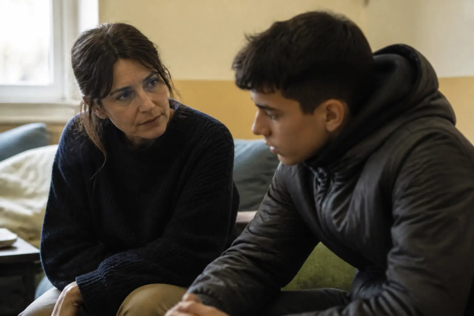 Travailleuse sociale accompagnant un jeune en structure d'accueil