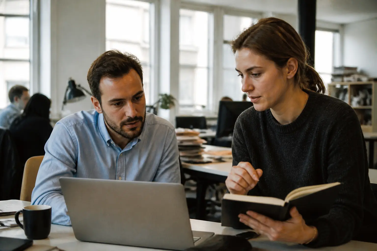 Deux professionnels du tertiaire en échange de travail au bureau
