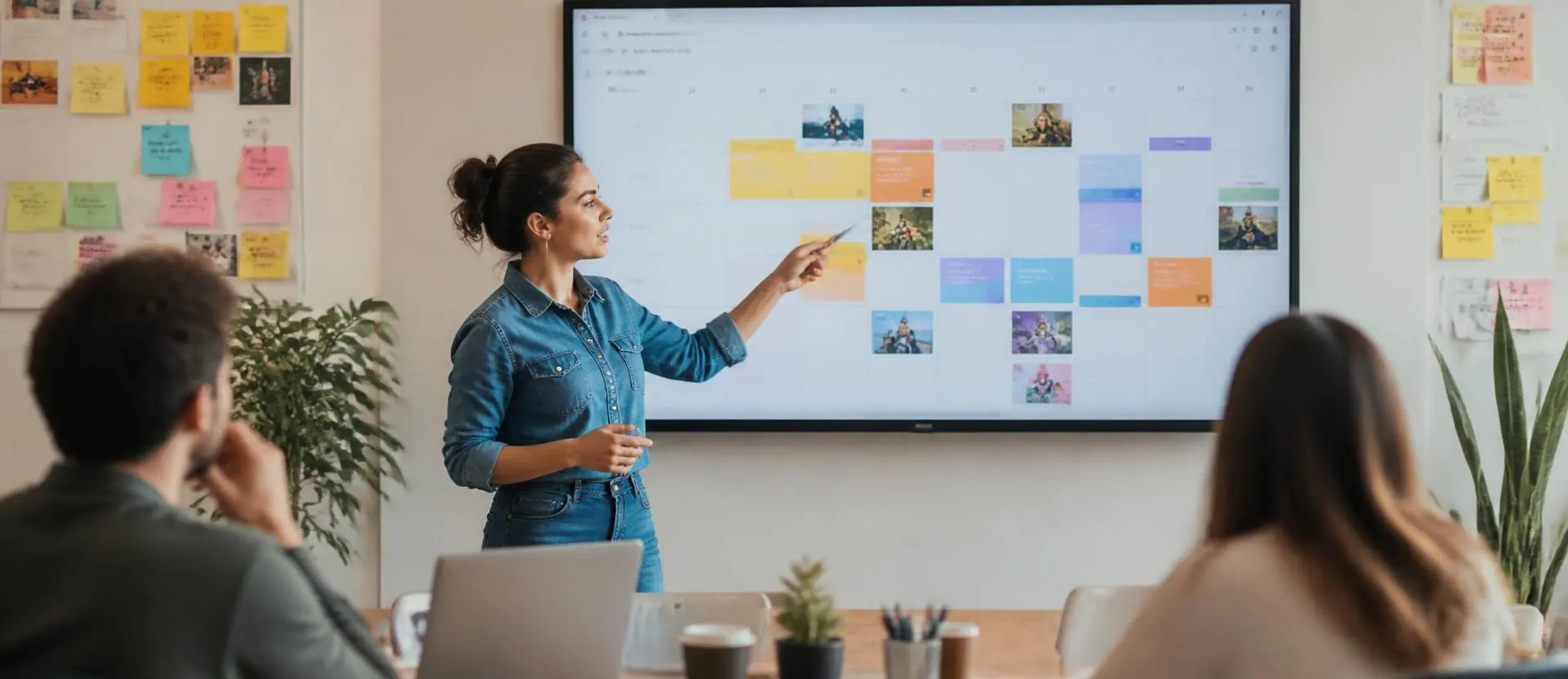 Community manager présentant un calendrier de contenus à l'écran
