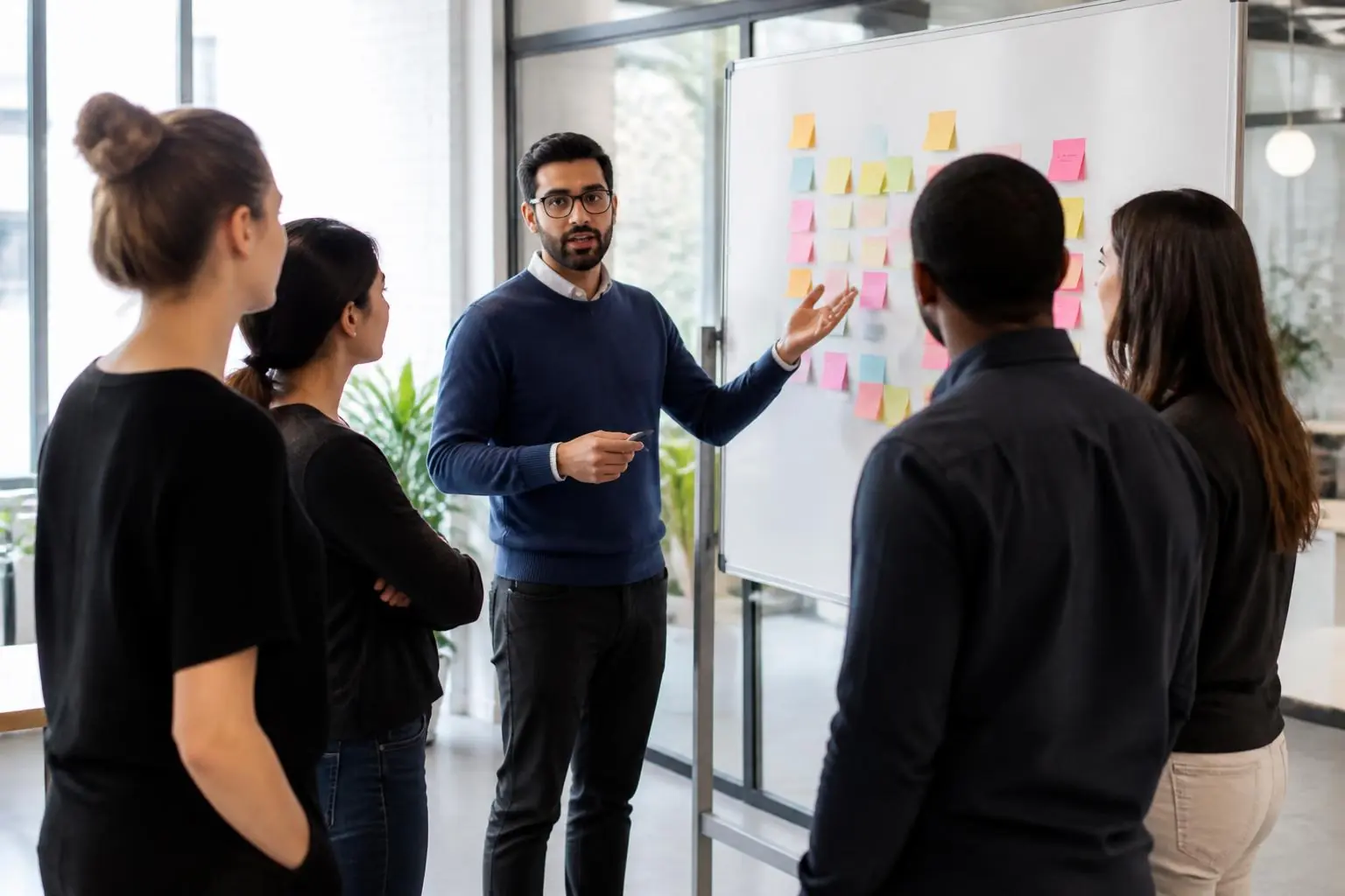 Chef de projet animant un point d'équipe devant un tableau de suivi