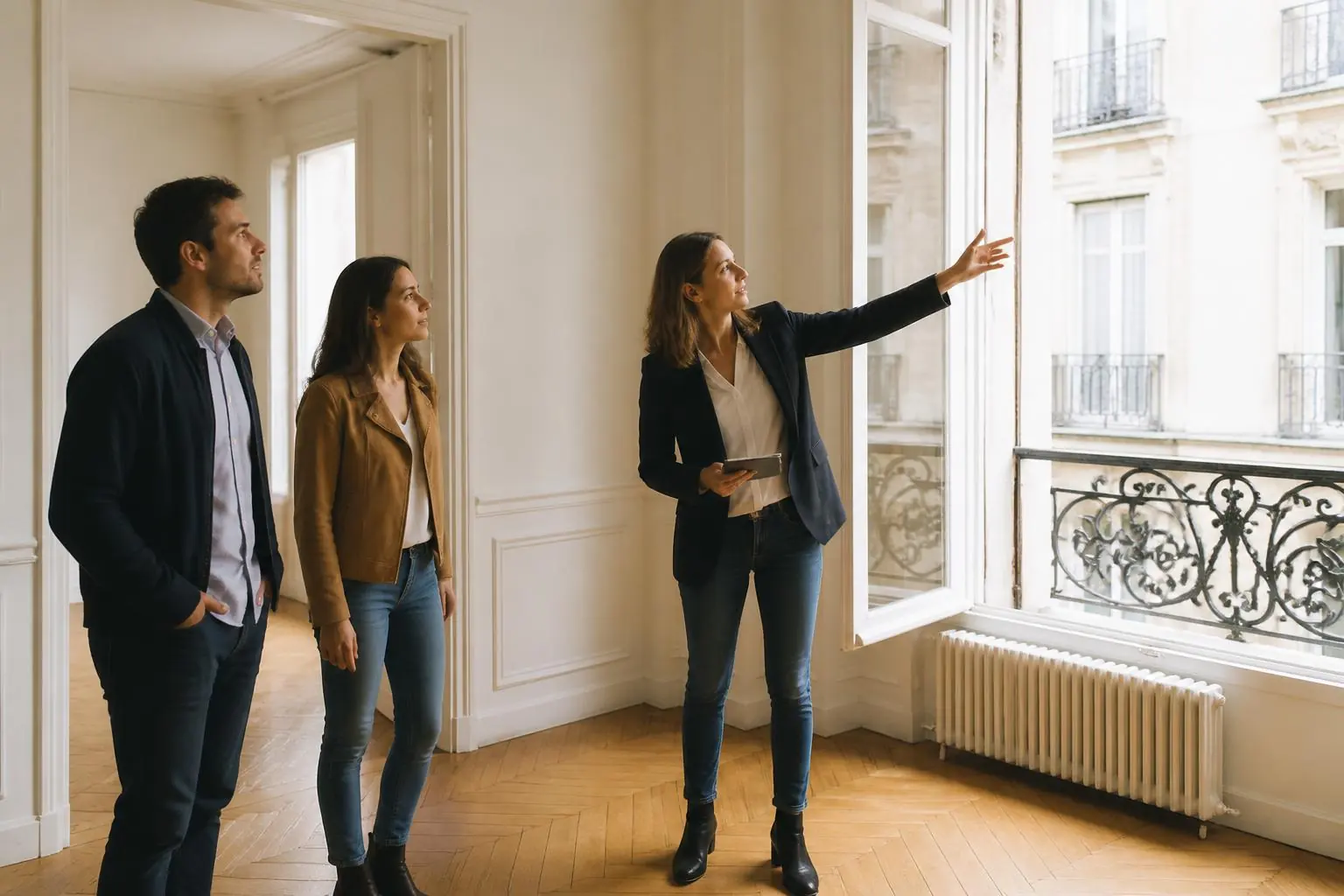 Négociatrice immobilière faisant visiter un appartement