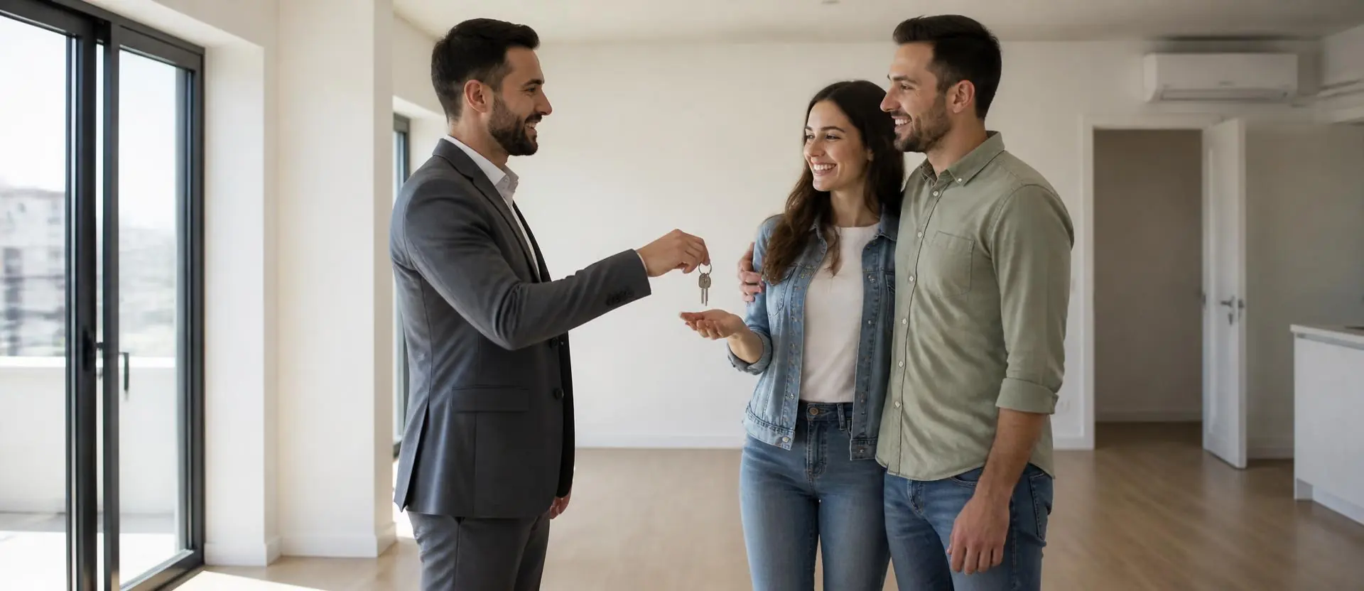 Agent immobilier remettant les clés d'un appartement à un couple de clients