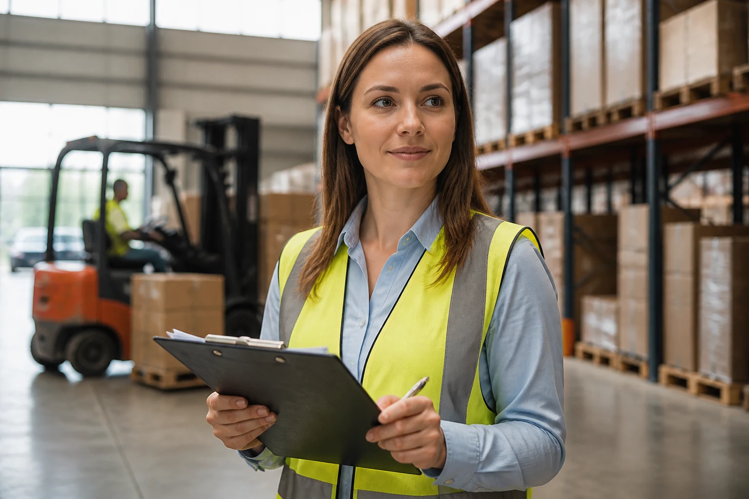 Coordinatrice logistique travaillant sur un ordinateur portable dans un entrepôt