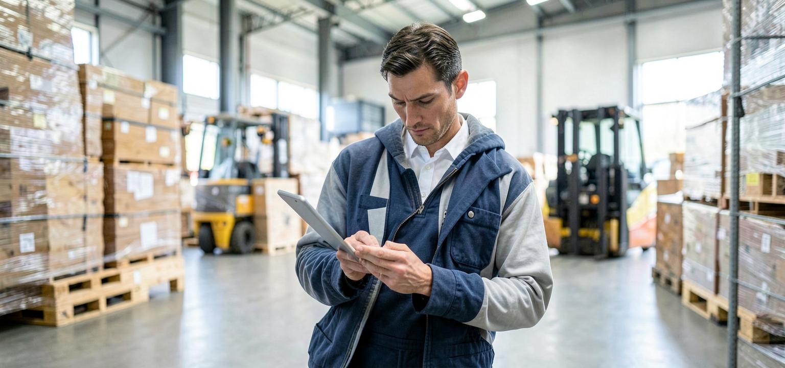 Responsable logistique contrôlant des palettes sur une tablette dans un entrepôt