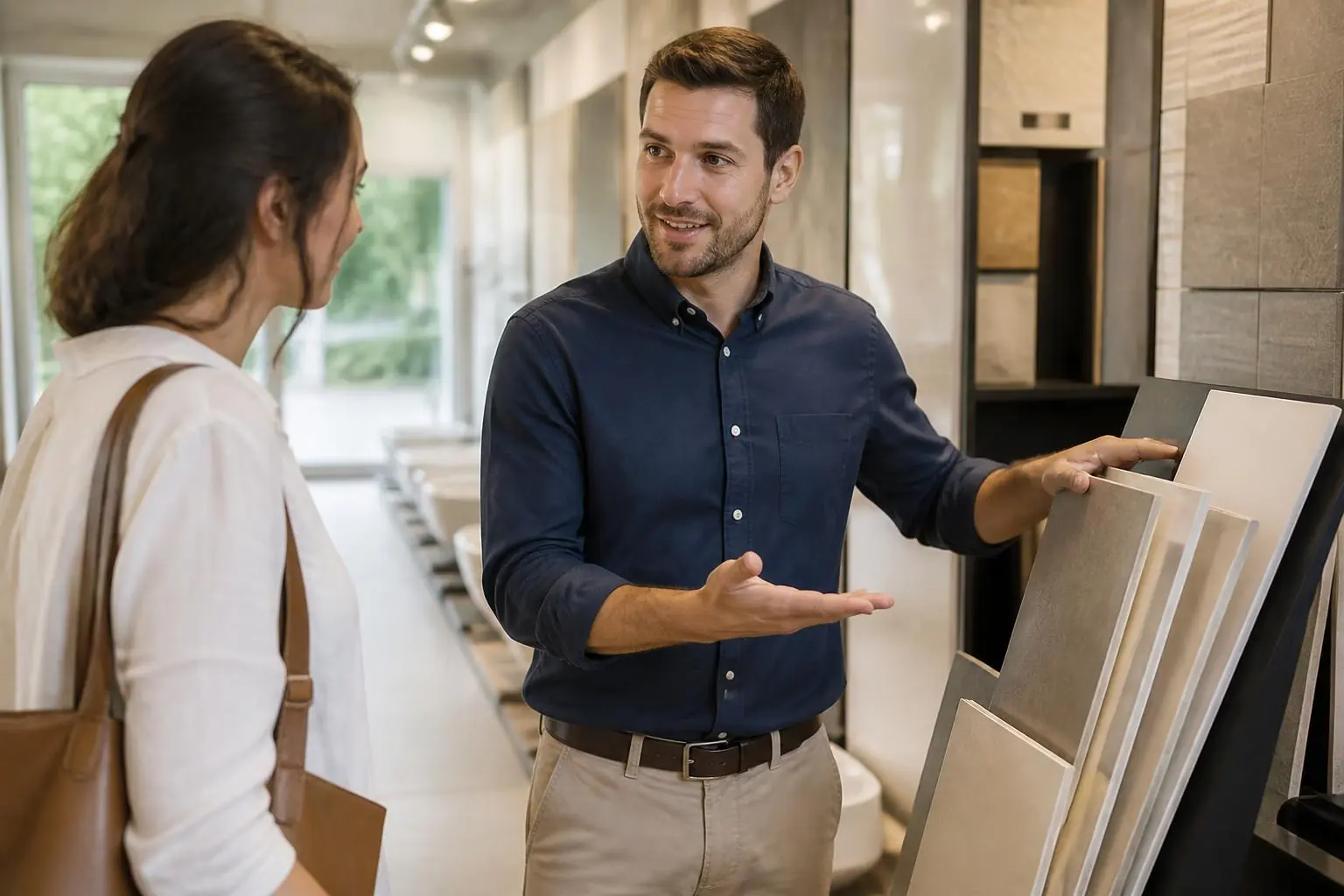 Commercial en rendez-vous avec un client dans un showroom