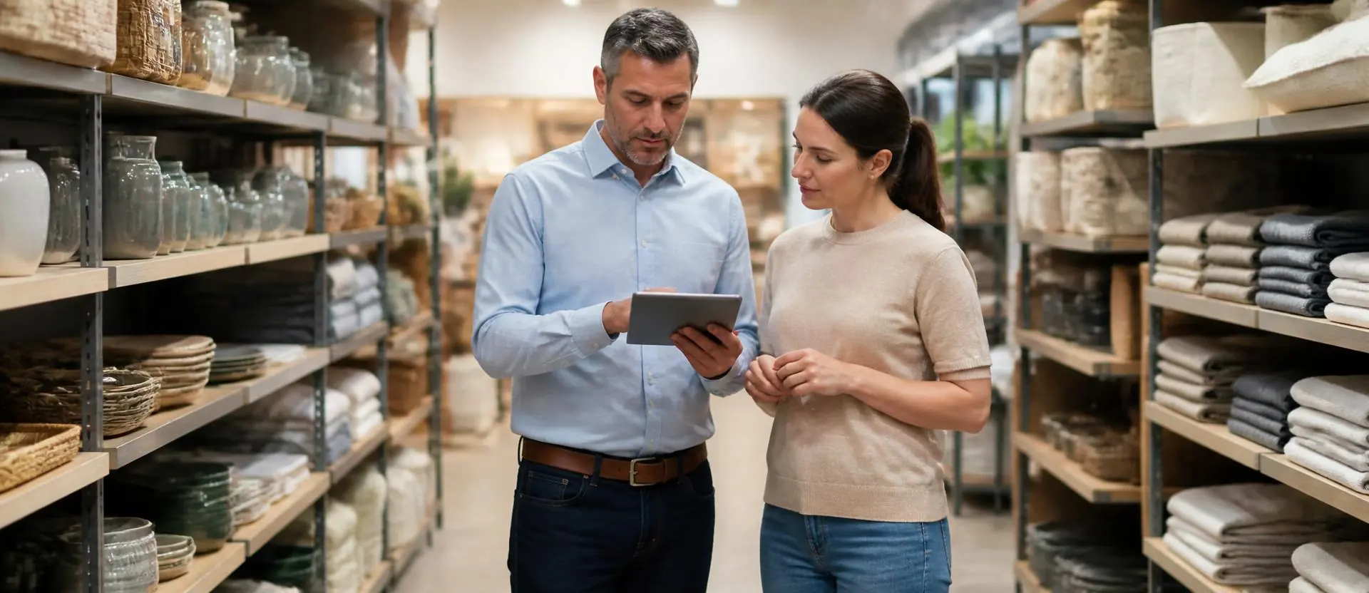 Responsable de magasin faisant le point en rayon avec un collaborateur